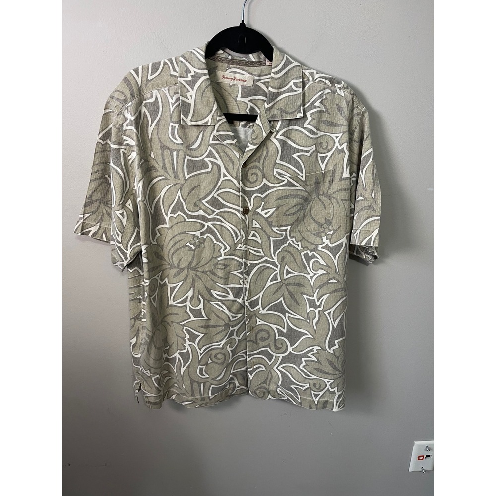 Tommy Bahama Mens Silk Camp Shirt Olive Green Floral Tropical Short Sleeve M